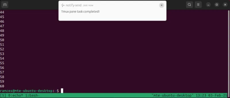 Thông báo toast libnotify cho tác vụ Tmux đang chạy.