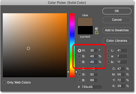 Chọn màu nâu đỏ từ Color Picker của Photoshop.