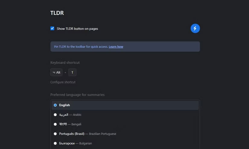 Trang cài đặt tiện ích mở rộng TLDR Chrome