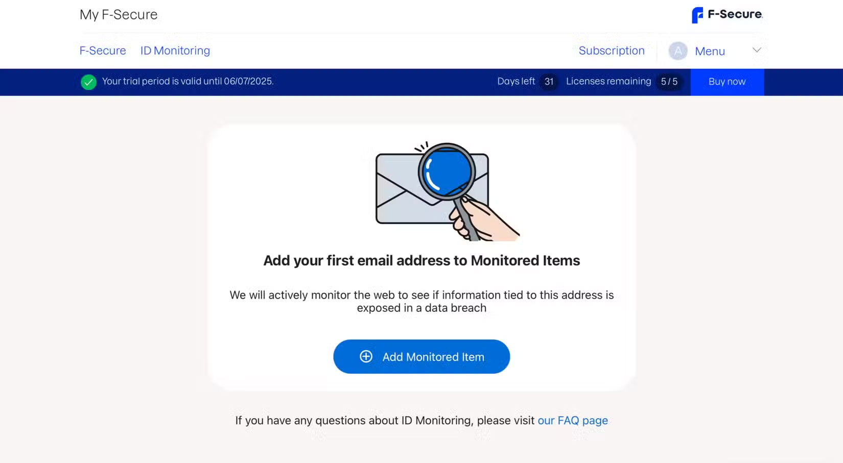 Phần dịch vụ ID Monitoring của F-Secure