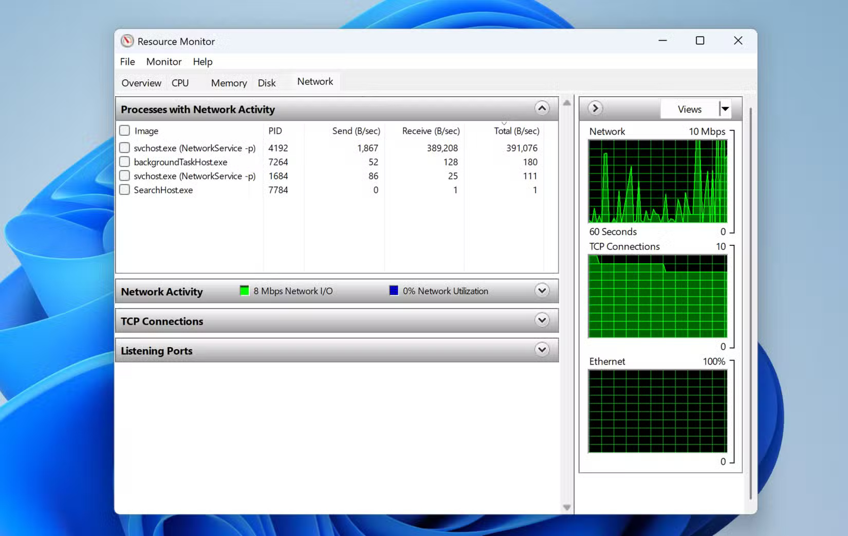 Windows 11 Resource monitor hiển thị mức sử dụng mạng
