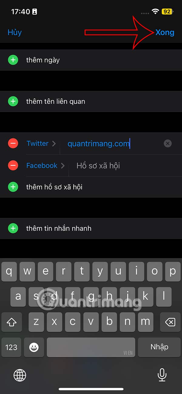 Lưu mạng xã hội trong danh bạ iPhone