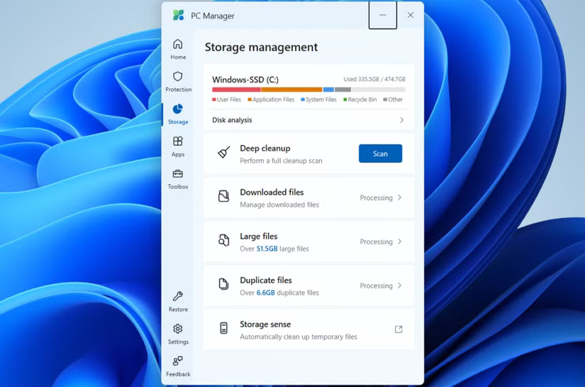 Ứng dụng PC Manager hiển thị tab Storage trên Windows