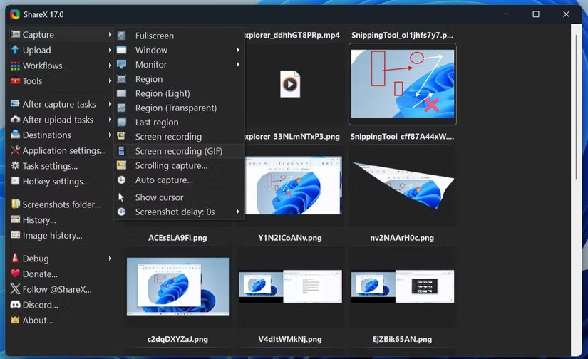 Ứng dụng ShareX hiển thị các tùy chọn chụp trên Windows