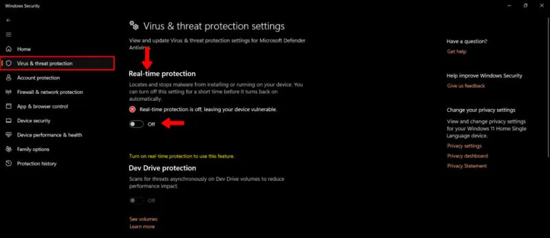 Tắt Real Time Protection trong Virus Protection