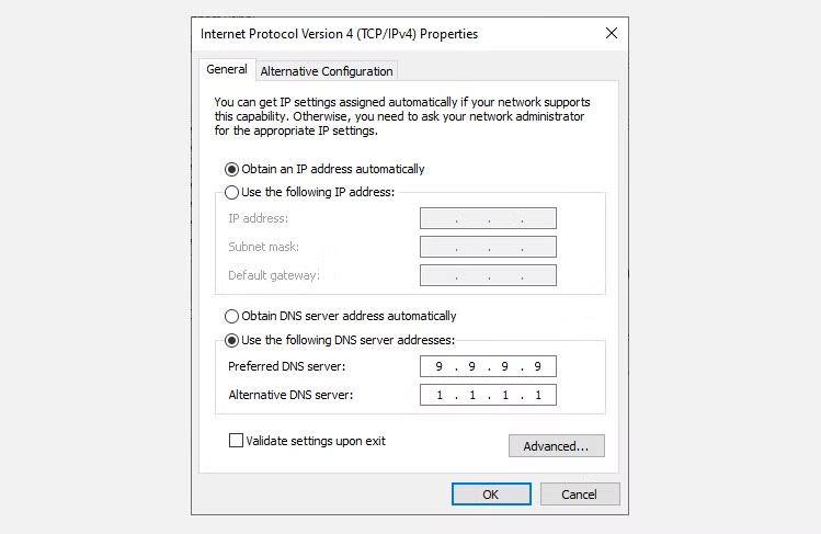 Cài đặt tùy chỉnh DNS của Windows 10.
