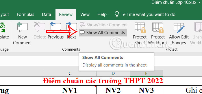 Hiển thị tất cả ô chú thích vào Excel