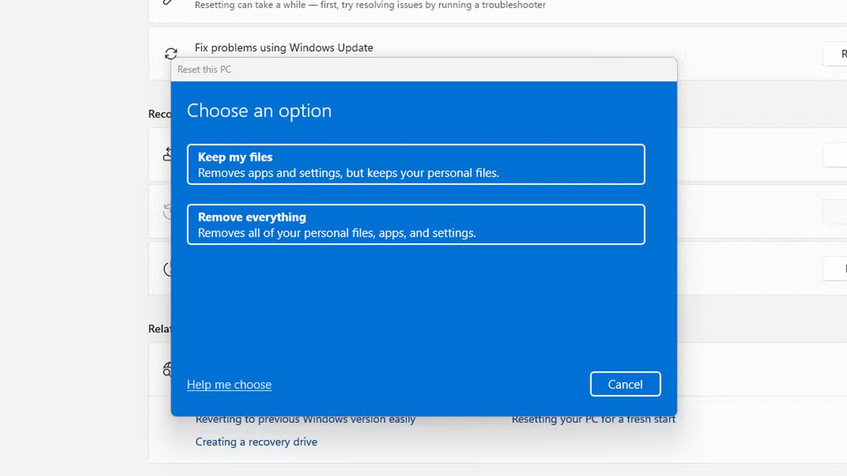 Tùy chọn reset PC trên Windows 11