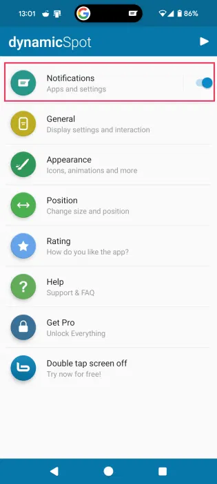Chọn mục Notifications trong màn hình chính của ứng dụng DynamicSpot.