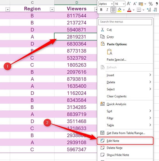 Chỉnh sửa ghi chú Excel