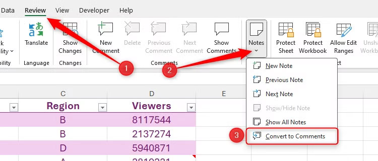 Chuyển ghi chú sang chú thích Excel