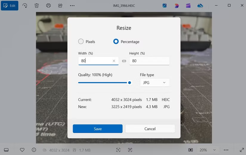 Hộp thoại thay đổi kích thước hình ảnh trong ứng dụng Photos của Windows 11