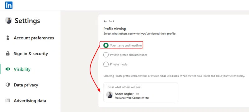 Tắt chế độ riêng tư Linkedin