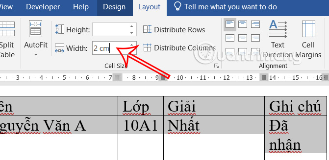 Điền kích thước cột trong Word