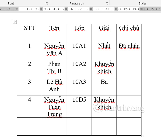 Kích thước ô bằng nhau trong Word