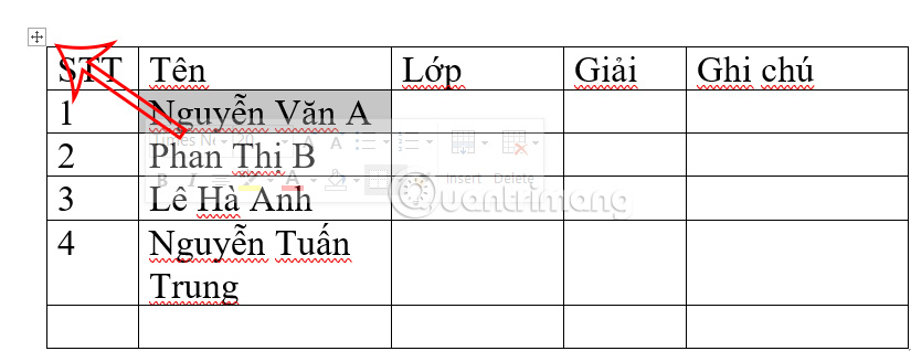 Chọn toàn bảng Word