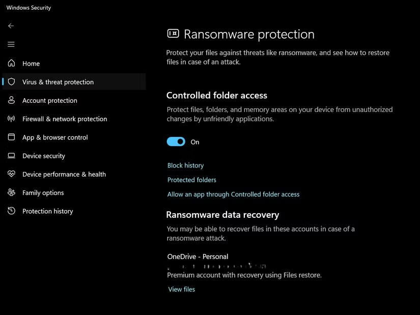 Windows Security hiển thị quyền truy cập thư mục được kiểm soát đã bật