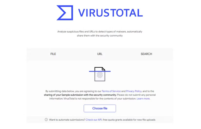 Trang chủ VirusTotal để kiểm tra xem liên kết có an toàn không.