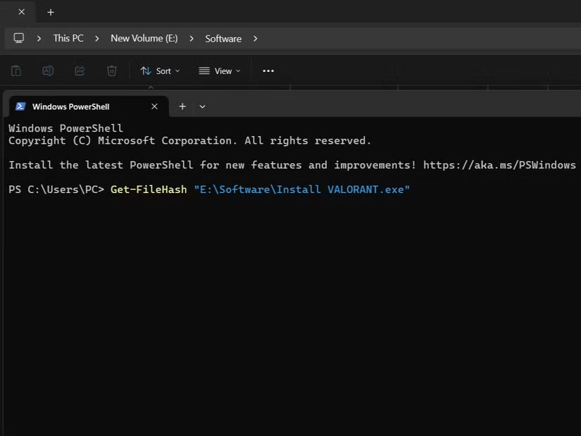 Lệnh trong Windows PowerShell để lấy file hash.