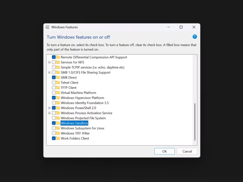 Windows Sandbox được đánh dấu là đã bật trong Windows Features.
