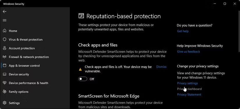 Windows Security tắt ứng dụng lọc file SmartScreen