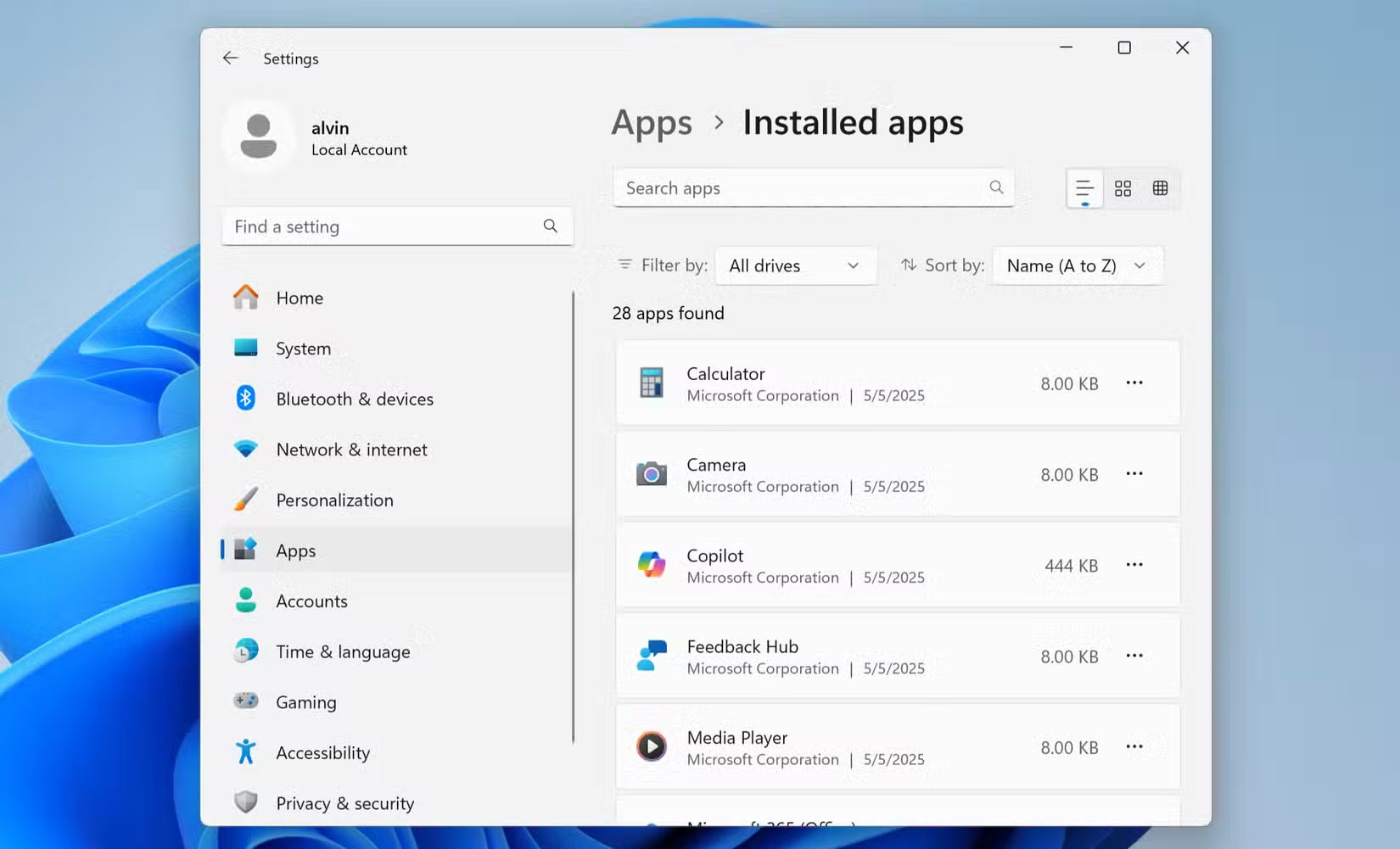 Ứng dụng Settings Windows 11 hiển thị danh sách các ứng dụng đã cài đặt