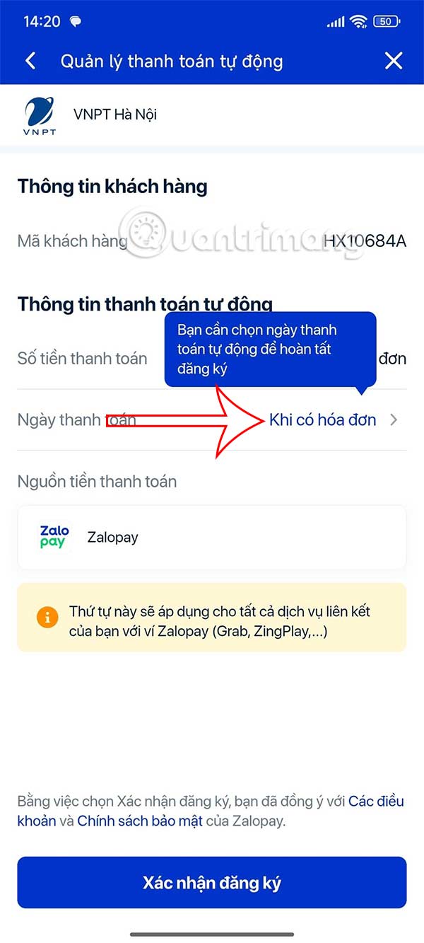 Chọn ngày thanh toán tự động