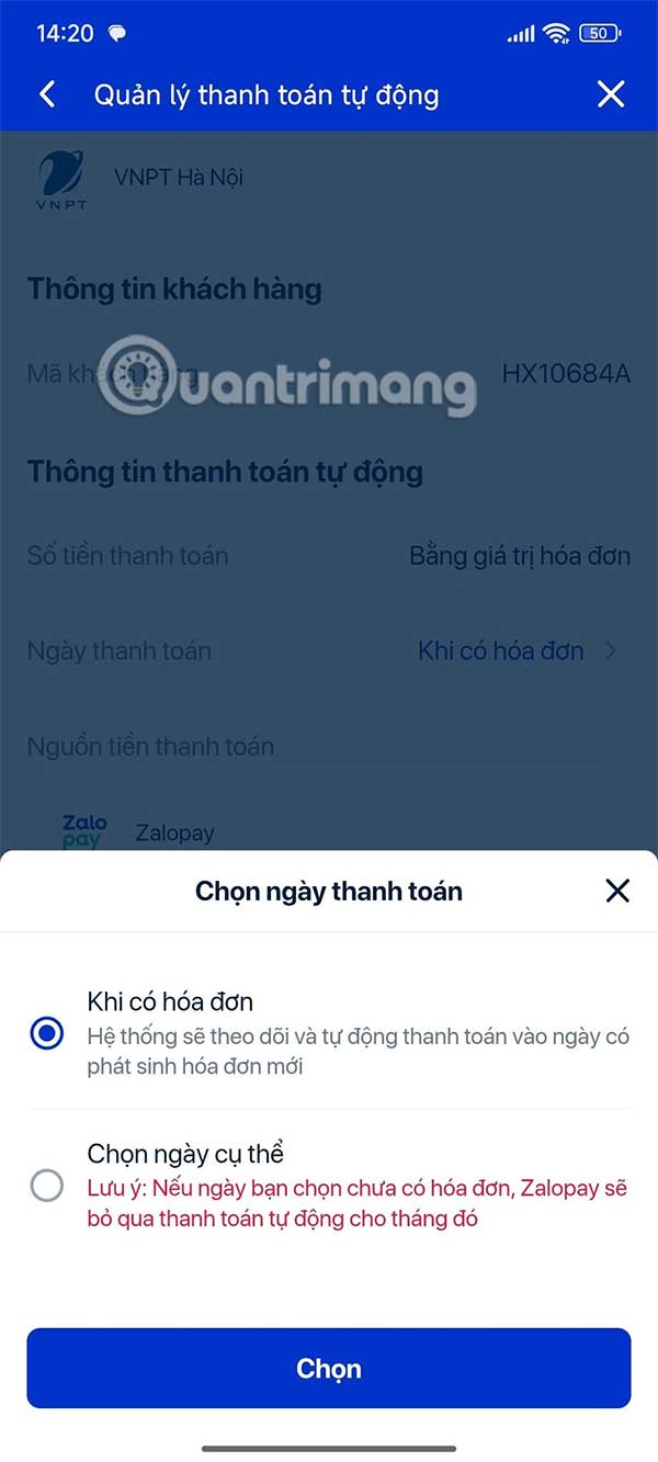 Chọn ngày thanh toán