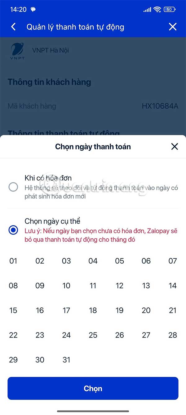 Lịch thanh toán hóa đơn tự động ZaloPay