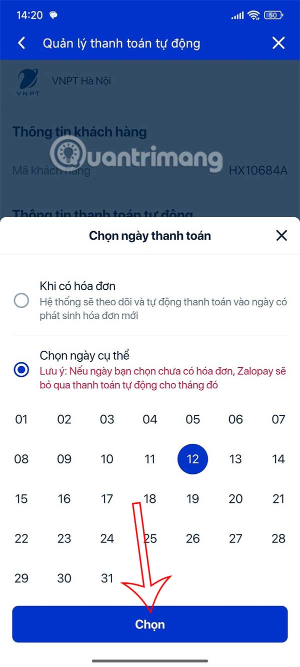 Ngày thanh toán hóa đơn tự động ZaloPay
