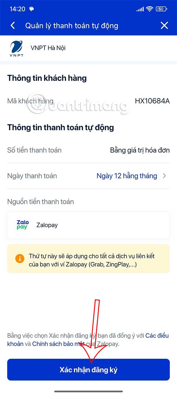 Đăng ký thanh toán hóa đơn tự động ZaloPay