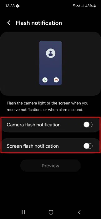 Tùy chọn gốc Flash notification trên Samsung