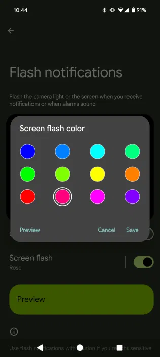 Chọn màu để màn hình nhấp nháy trong cài đặt Android.