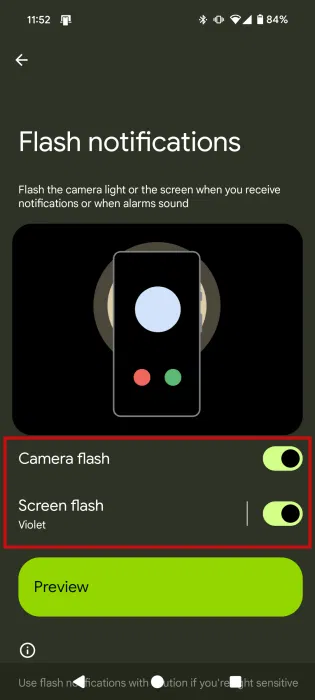 Cả hai tùy chọn cho thông báo flash đều được bật trên Android.
