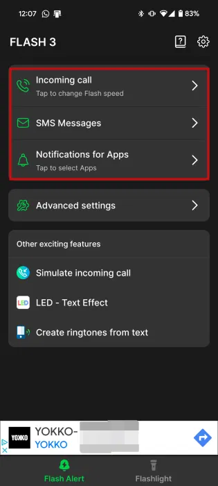 Các tùy chọn cho cảnh báo flash trong ứng dụng Flesh Alert & LED Flashlight trên Android.