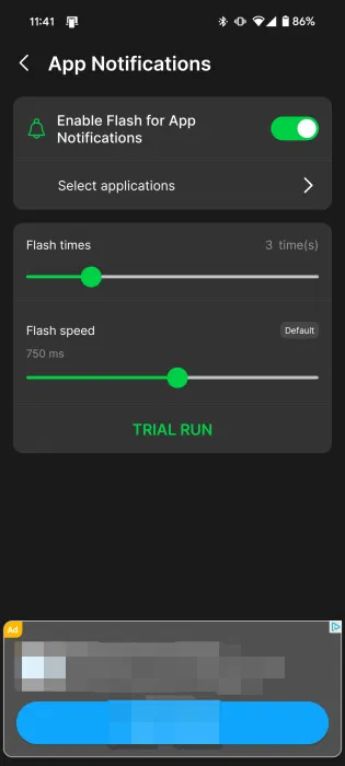 Tùy chỉnh thông báo flash trong ứng dụng Flesh Alert & LED Flashlight trên Android.