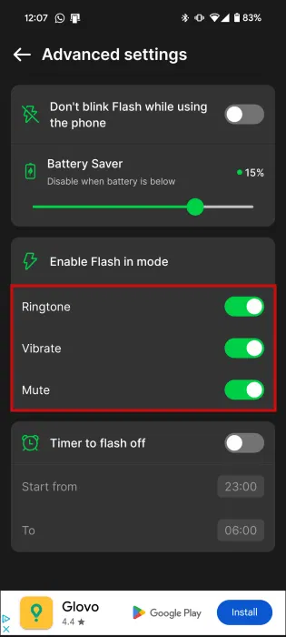 Sửa đổi Enable Flash in mode trong ứng dụng Flesh Alert & LED Flashlight trên Android.