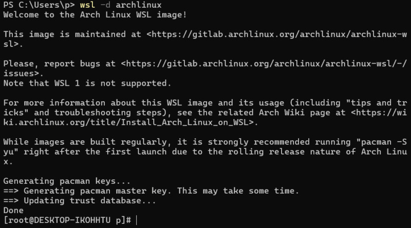 Khởi chạy Arch Linux trên Windows Subsystem for Linux.