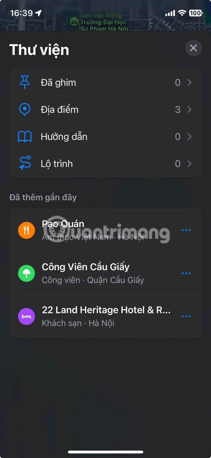 Nhấn vào Địa điểm trong Thư viện Apple Maps.
