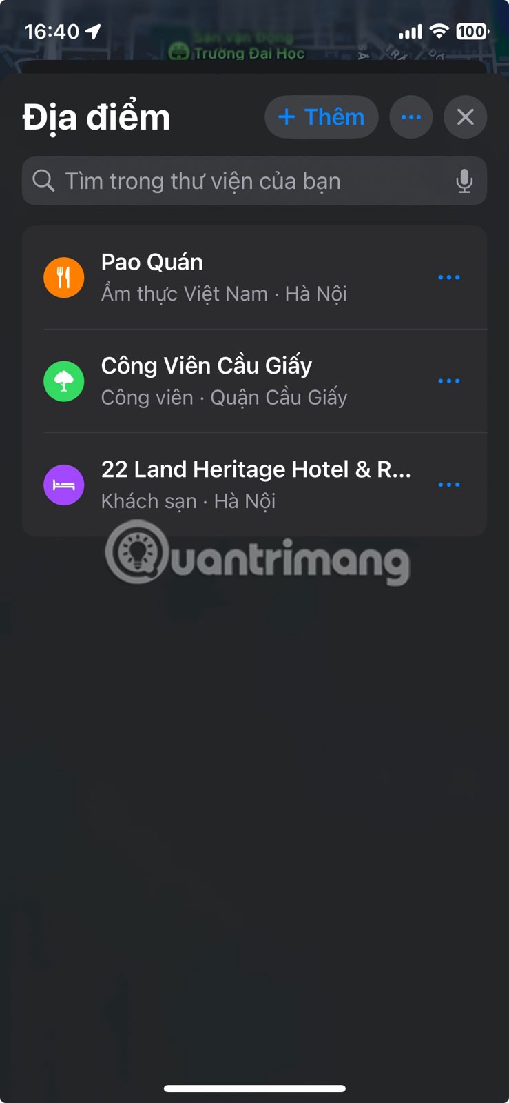 Nhấn nút Thêm trong Địa điểm đã lưu trên Apple Maps.