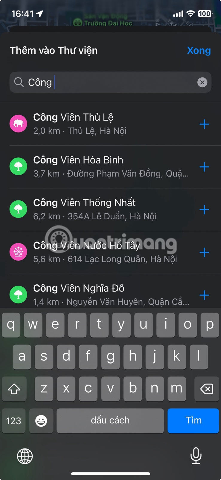 Thêm địa điểm đã lưu mới từ Thư viện trong Apple Maps.