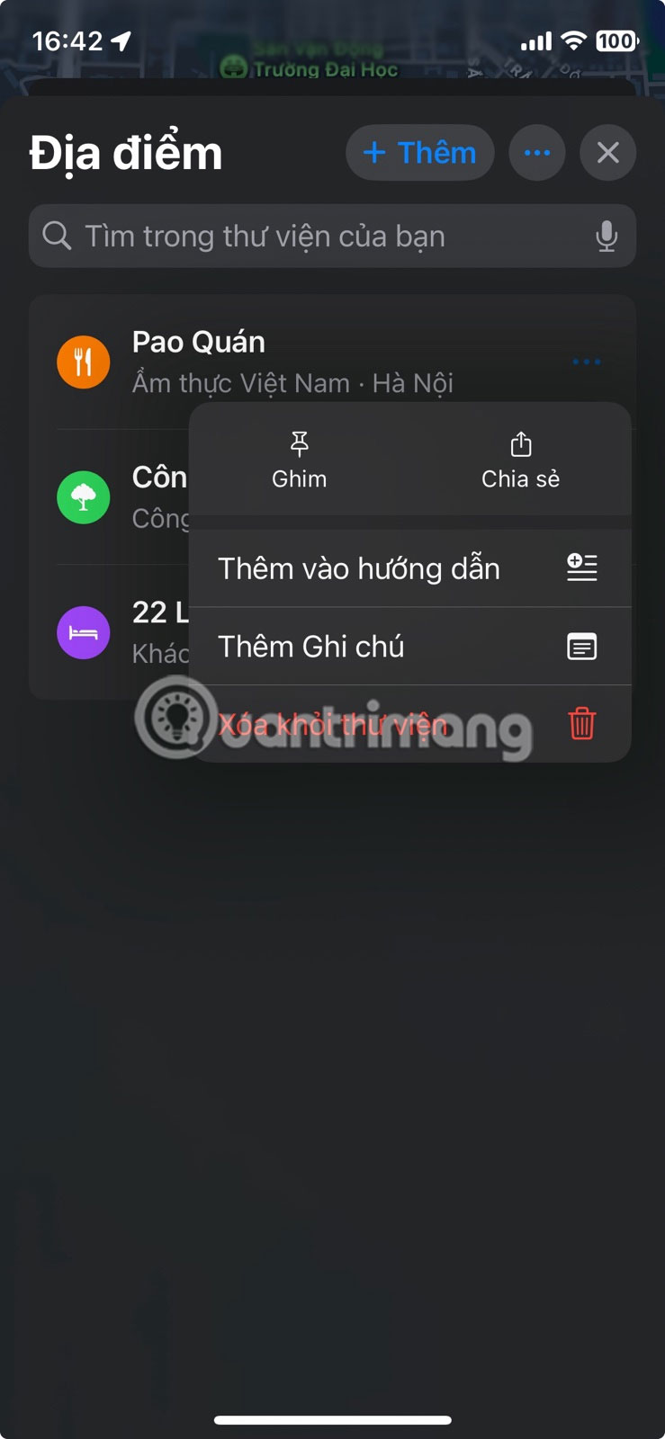 Thêm ghi chú cho địa điểm đã lưu thông qua Thư viện trong Apple Maps.
