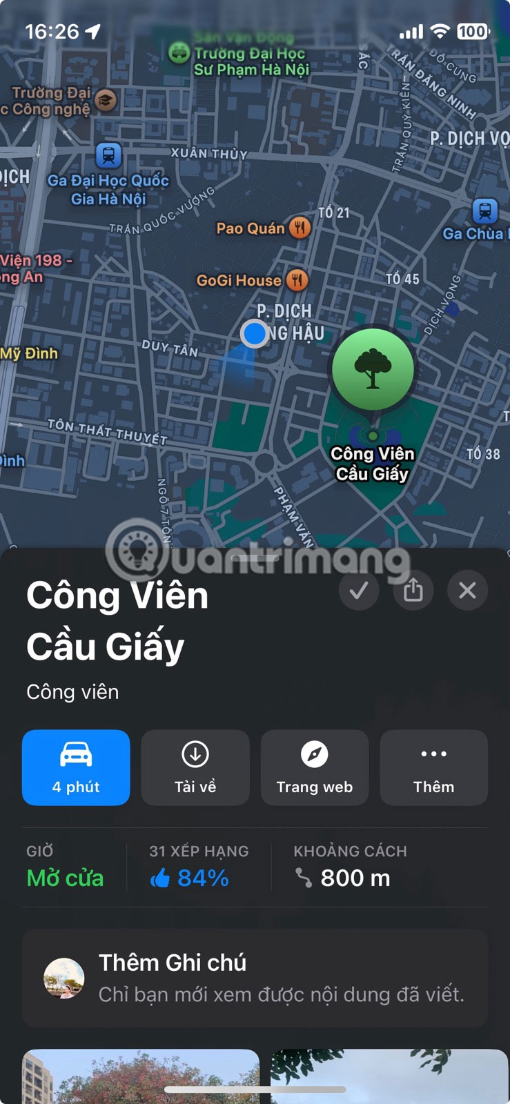 Tùy chọn Thêm ghi chú cho ghim trong Apple Maps.