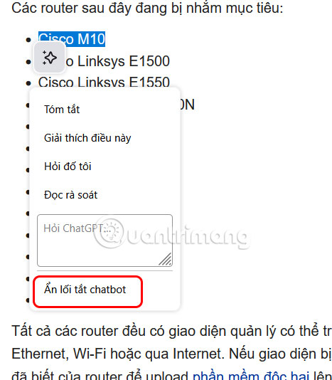 Vô hiệu hóa menu di chuột của AI Chatbot