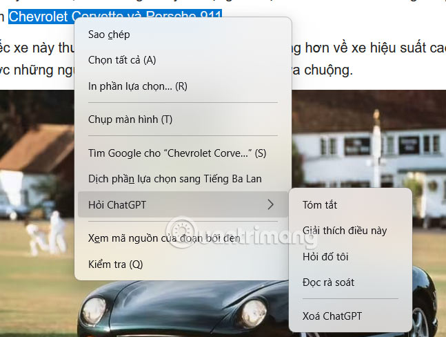 Dùng chatbot AI từ menu chuột phải