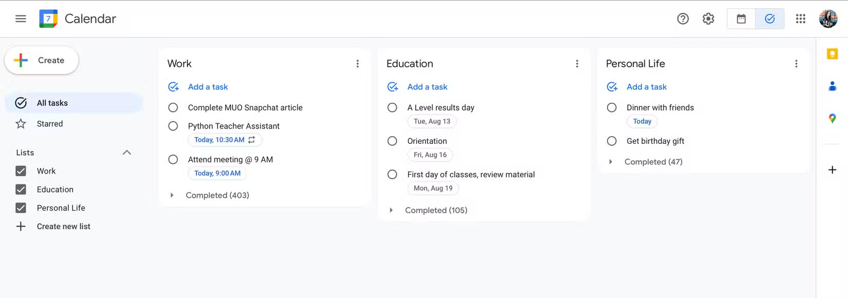 Các danh sách khác nhau trong Google Tasks