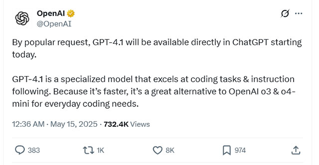 OpenAI chính thức tích hợp GPT-4.1 vào ChatGPT