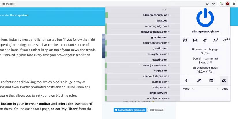 Menu uBlock Origin với biểu tượng Dashboard