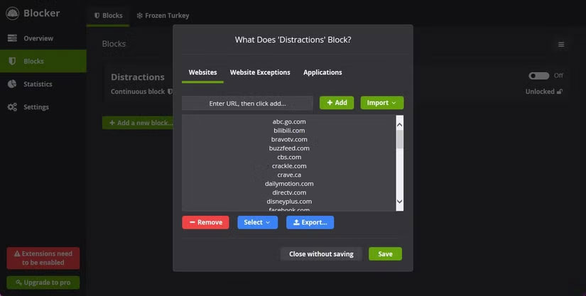 Cold Turkey đưa các trang web vào danh sách đen chặn trang