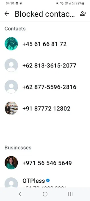 Danh sách danh bạ bị chặn trong WhatsApp.